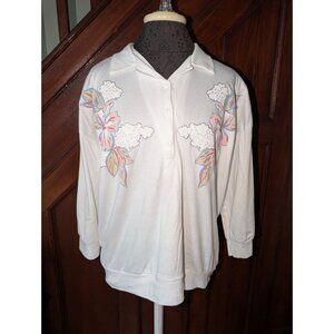 K.T. Sports Womens 2X White Collared Pullover Floral Design Cottagecore 80s